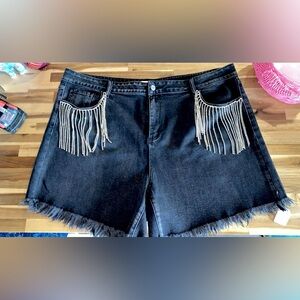 NWT Jess Lea brand black denim rhinestone fringe shorts size 3X